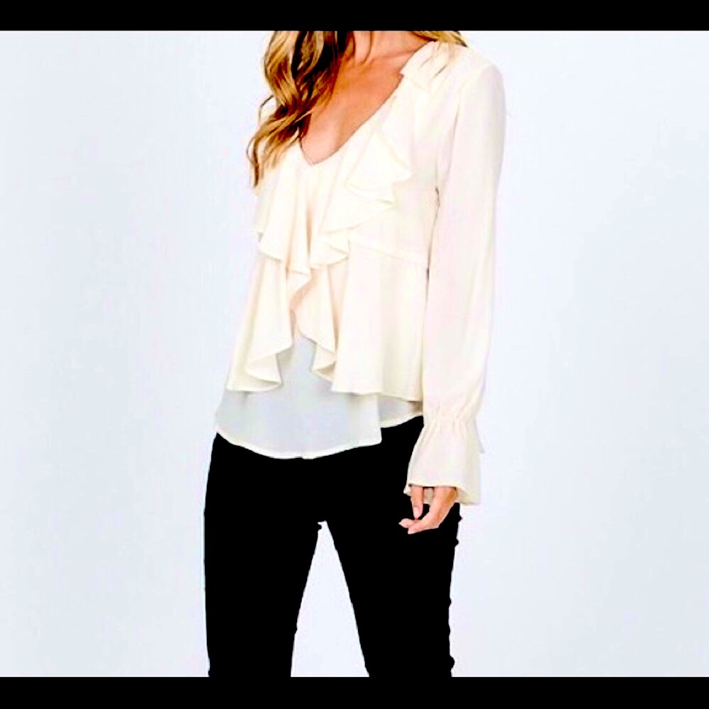 VINTAGE LOOKING IVORY LAYERED  RUFFLE BLOUSE - Picture 2 of 7